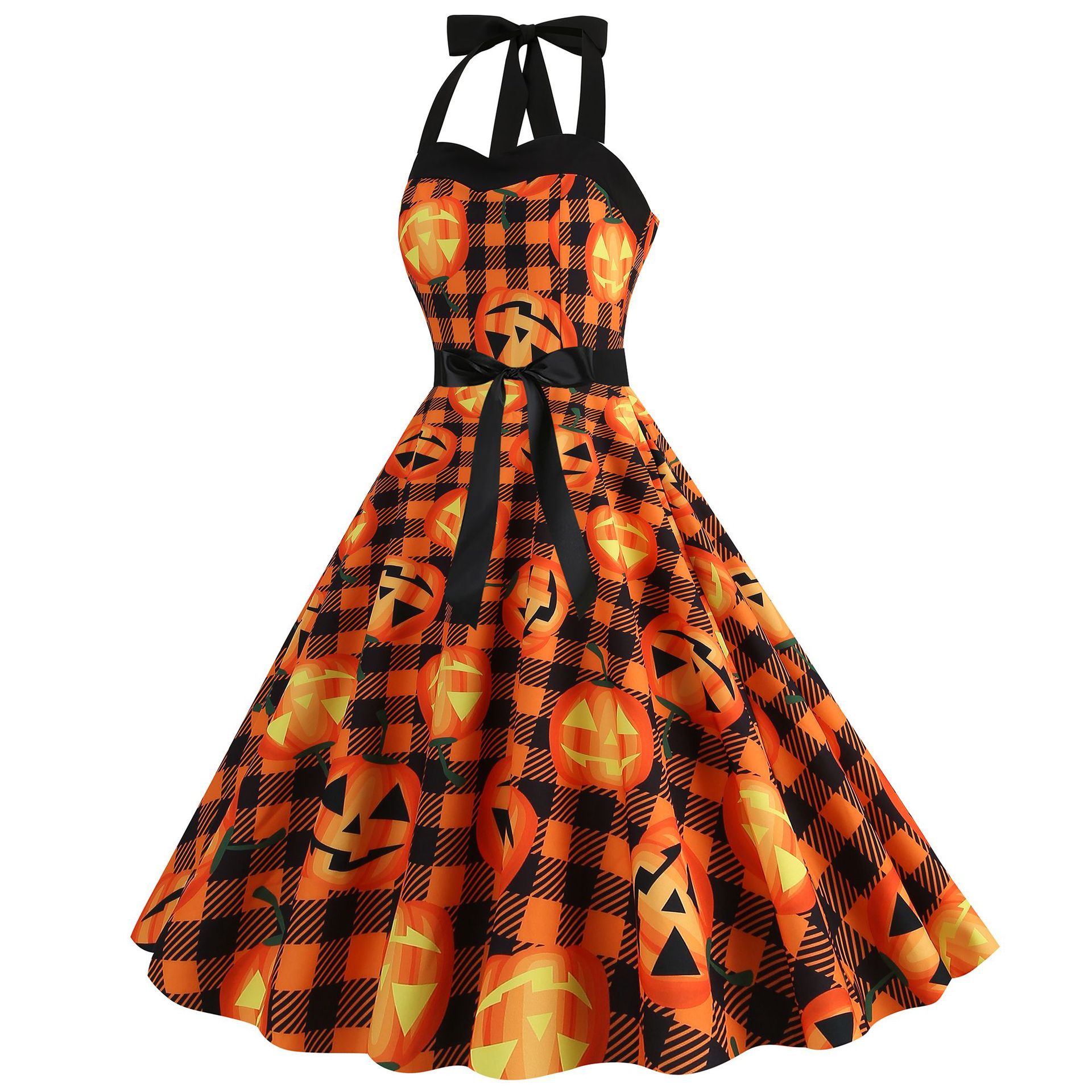 Women Sleeveless Halter Print Halloween Dresses Elegant Festival Party Costumes